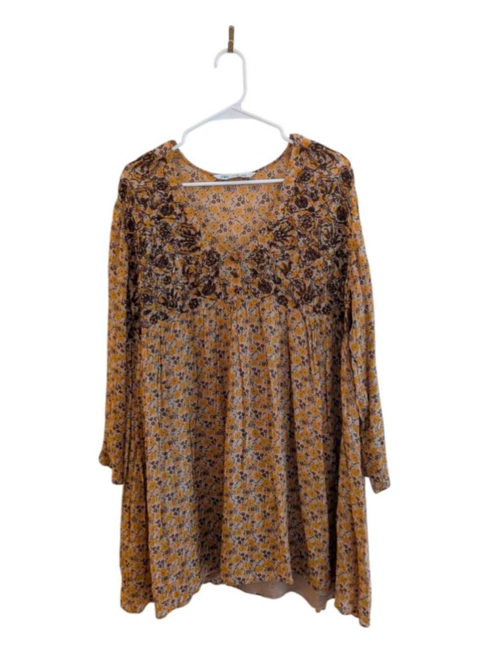 Zara Floral Embroidered Boho Mini Dress Size L Mustard Yellow Bell Sleeve - Picture 2 of 6